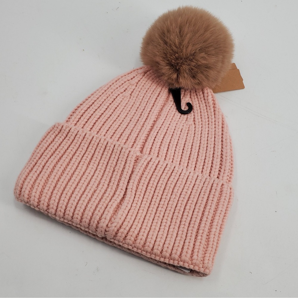 Steve Madden Women's Wide Cuff Blush Pink Faux Fur Pom Beanie Hat One Size B10 - Picture 2 of 3